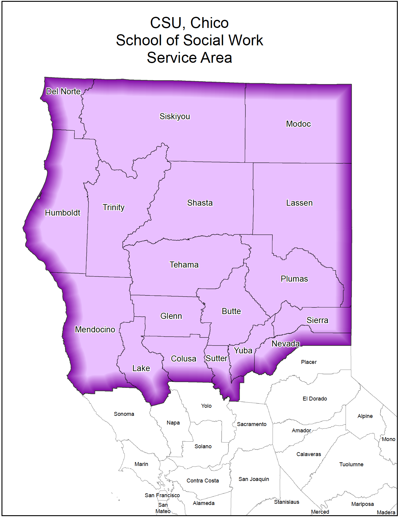 image of 18 northern california counties within the CSU, Chico service region