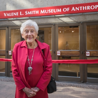 Valene Smith in front the Valene L. Smith Museum of Anthropology