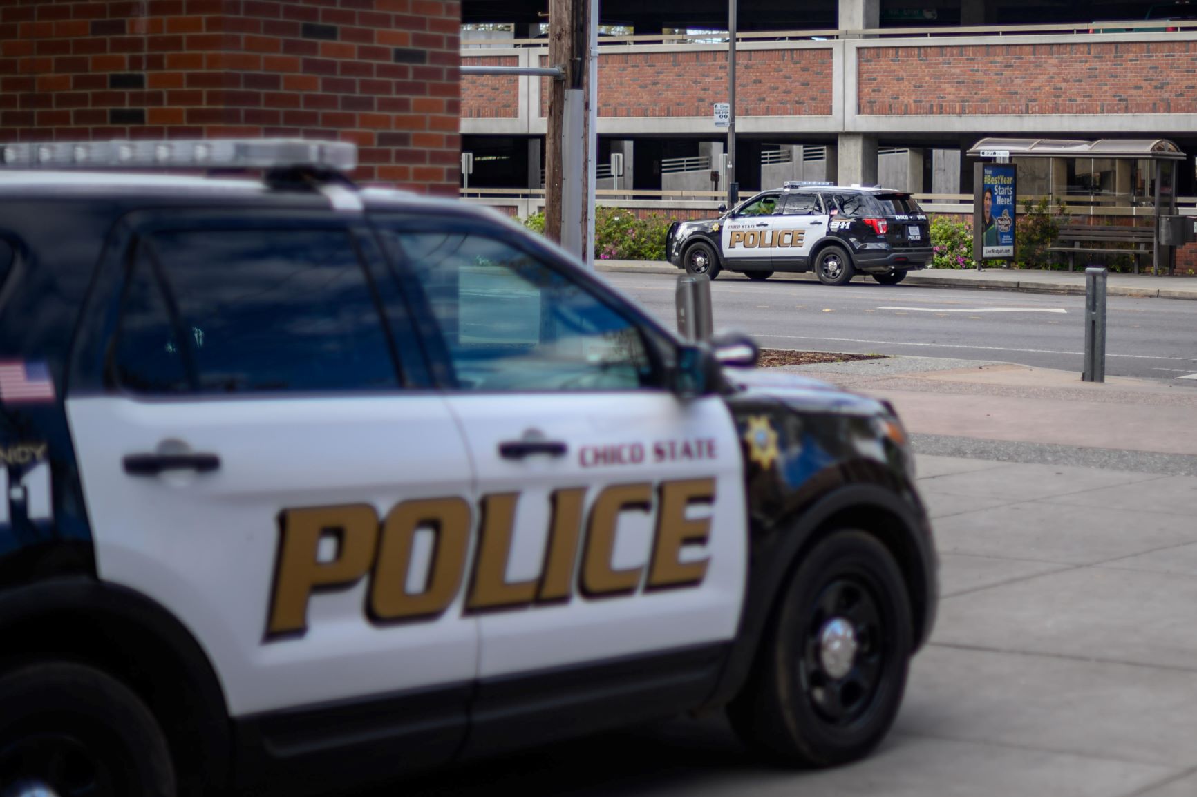 Police cars near campus
