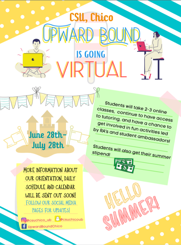 Hello Summer. CSU, Chico Upward Bound is going virtual. From June 28th to July 28th, Students will take 2-3 online classes, continue to have access to tutoring, and have a chance to get involved in fun activities led by RA's and student ambassadors! Students will also get their summer stipend! More information about our orientation, daily schedule, and calendar will be sent out soon! Follow our social media pages for updates!