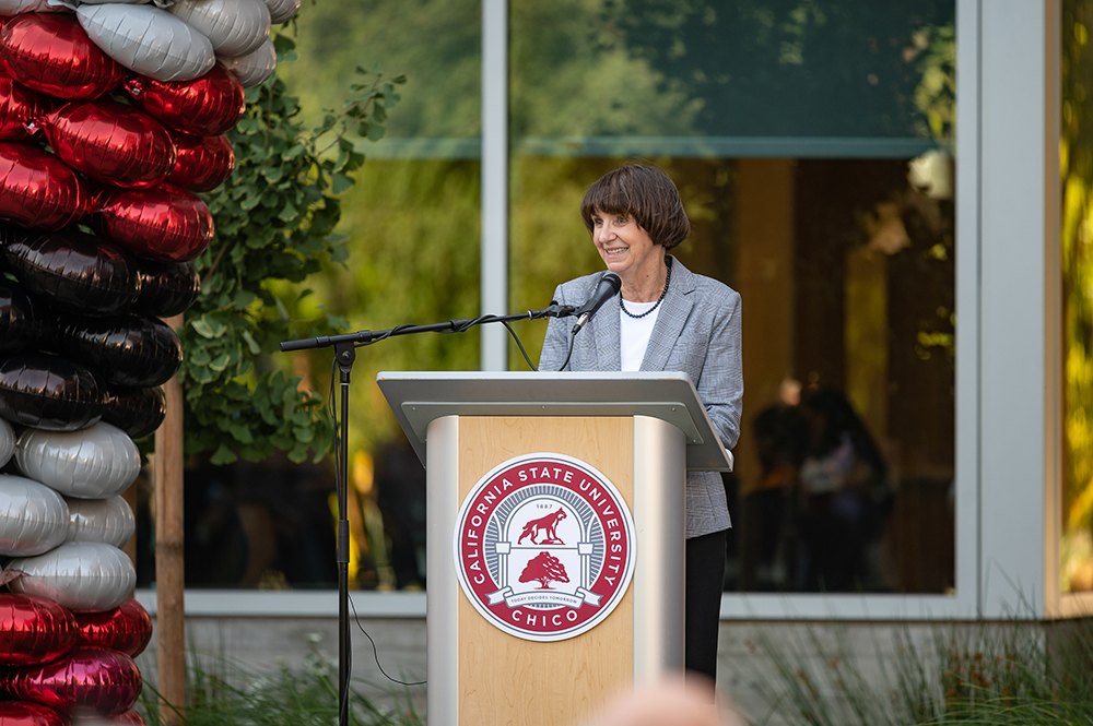 Provost Debra Larson gives a speech at the Science Building Opening
