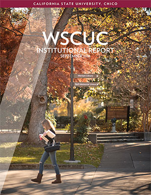institutional report cover page showing student walking on campus